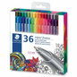 High-resolution pure white backdrop photo of the STAEDTLER Triplus Fineliner 36-piece set, displaying the full color spectrum of pens.
