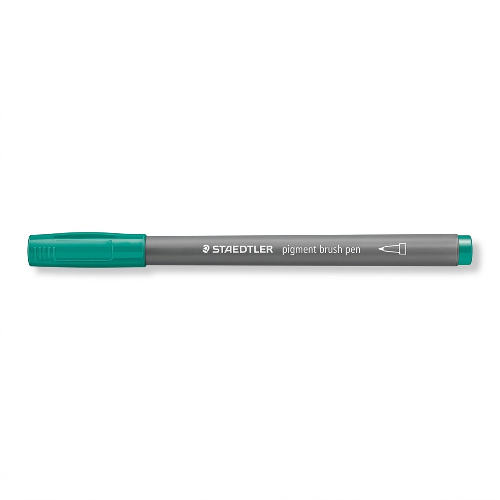 A high-resolution, centered view of the single Staedtler Pigment Arts pen in grey and teal green, against a clean white background. It clearly displays the grey barrel with the white Staedtler logo and the teal cap. Clean ecommerce styling.