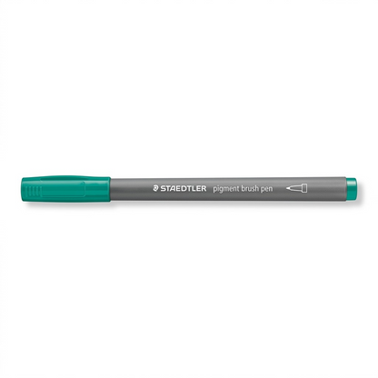A high-resolution, centered view of the single Staedtler Pigment Arts pen in grey and teal green, against a clean white background. It clearly displays the grey barrel with the white Staedtler logo and the teal cap. Clean ecommerce styling.