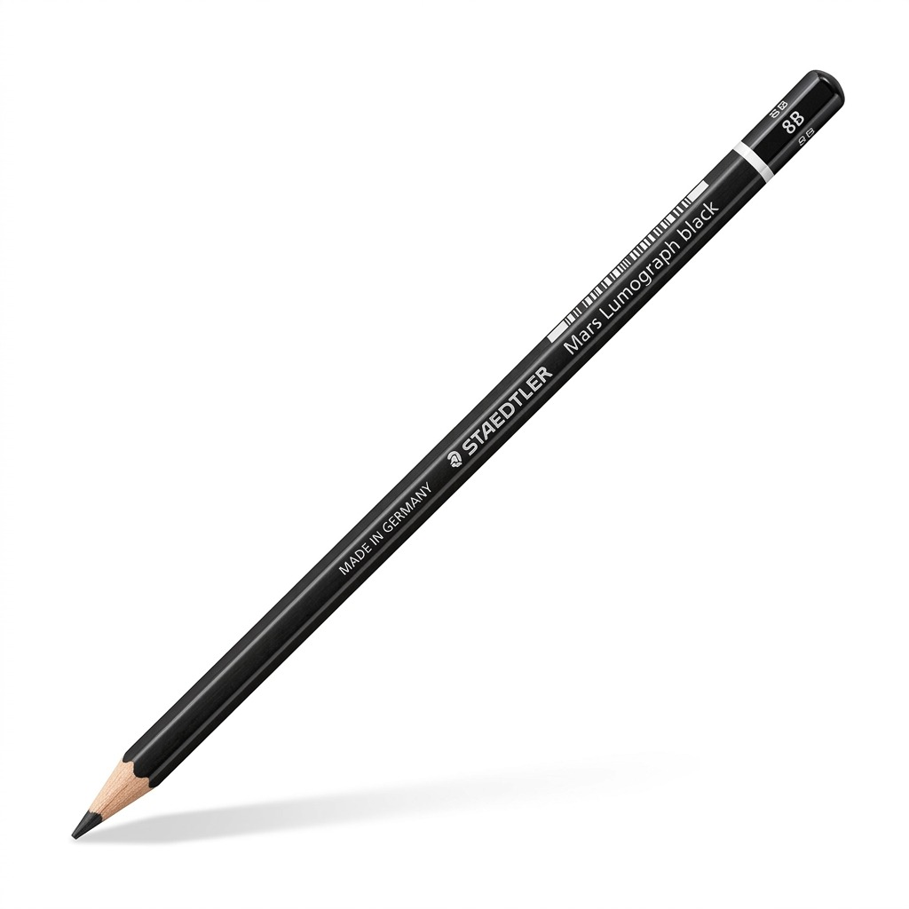 A high-resolution, centered image of a single black Staedtler Mars Lumograph pencil, Grade 8B, on a pure white background.