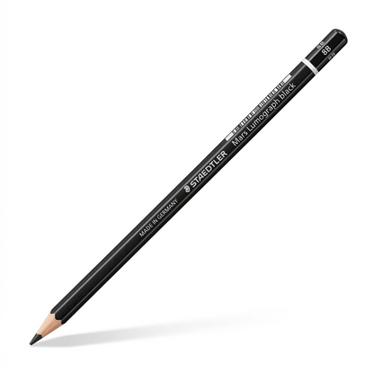 A high-resolution, centered image of a single black Staedtler Mars Lumograph pencil, Grade 8B, on a pure white background.