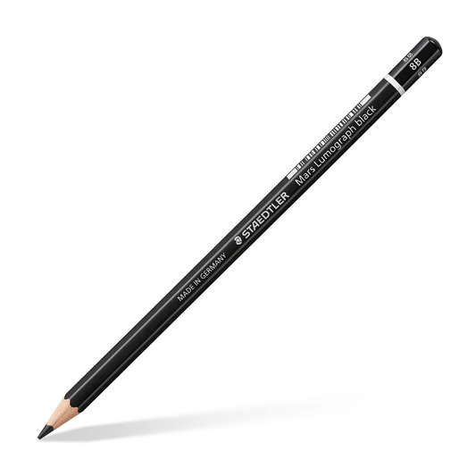 A high-resolution, centered image of a single black Staedtler Mars Lumograph pencil, Grade 8B, on a pure white background.
