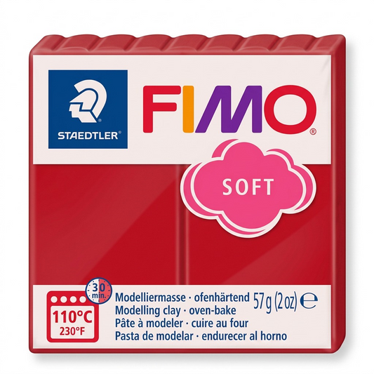 Pure high-resolution hero shot: front view of STAEDTLER Fimo Soft modelling clay, 57g bar in Indian Red.