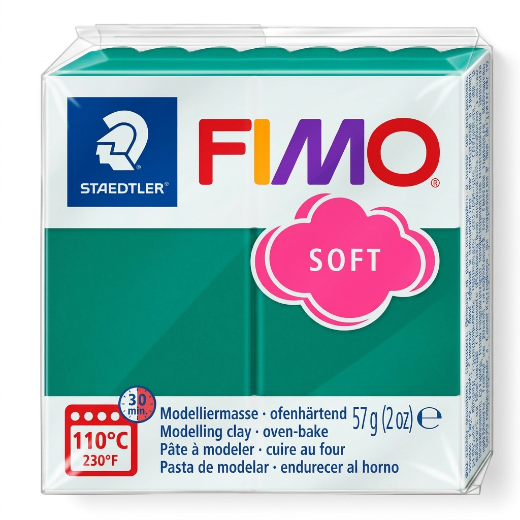 A high-resolution product photograph of the 57g FIMO Soft Emerald modeling clay in its original clear plastic packaging.