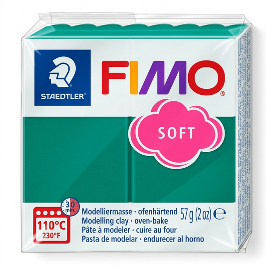 A high-resolution product photograph of the 57g FIMO Soft Emerald modeling clay in its original clear plastic packaging.