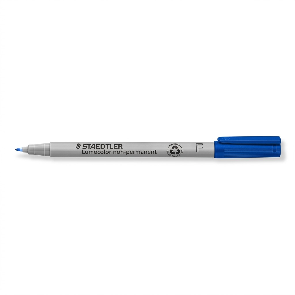 A high-resolution ecommerce hero shot of a single blue STAEDTLER Lumocolor non-permanent marker.