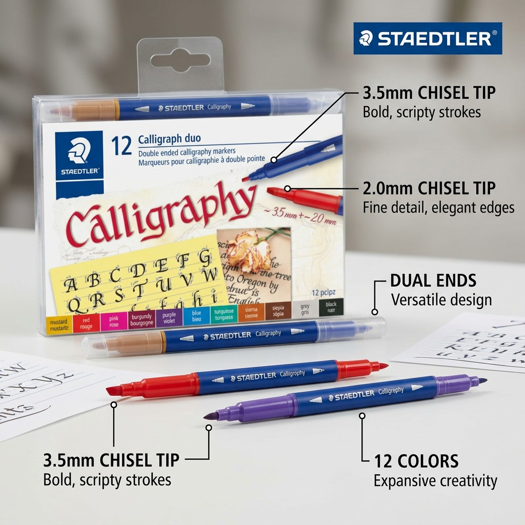 STAEDTLER Calligaph duo features infographic. Left side, close-ups of dual tips with labels and benefits: 3.5mm CHISEL TIP (Bold scripty strokes), 2.0mm CHISEL TIP (Fine detail, elegant edges). Right side, 12 COLORS (Expansive creativity). Top right, the 12-marker package. All elements are clean and legible.