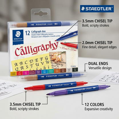 STAEDTLER Calligaph duo features infographic. Left side, close-ups of dual tips with labels and benefits: 3.5mm CHISEL TIP (Bold scripty strokes), 2.0mm CHISEL TIP (Fine detail, elegant edges). Right side, 12 COLORS (Expansive creativity). Top right, the 12-marker package. All elements are clean and legible.
