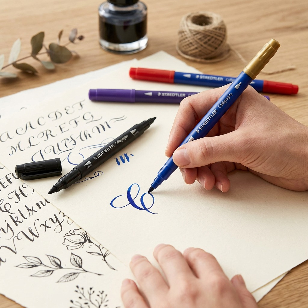Close-up of STAEDTLER Calligraph duo markers being used in natural light to write script.