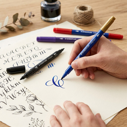 Close-up of STAEDTLER Calligraph duo markers being used in natural light to write script.