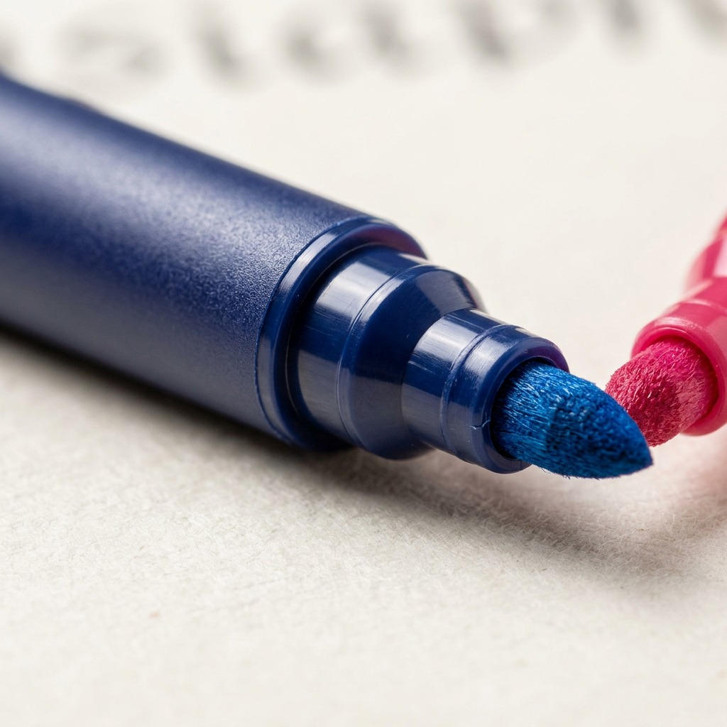 Macro photo detailing the material transition from blue plastic to two specific felt tips.