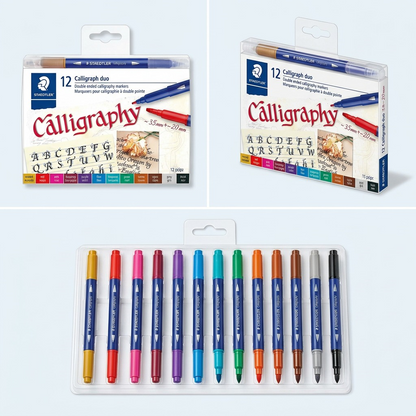 A grid showing the STAEDTLER Calligraph duo 12-pack front view, an angled view, and an open, flat-lay display.