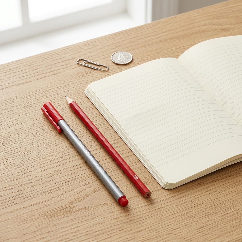 A product photograph from image_0.png showing the red STAEDTLER pen next to a pencil, coin, paper clip, and notebook for size reference.