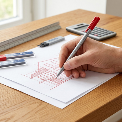 A close-up shot of the red STAEDTLER Triplus fineliner, as shown in the reference image, in use. The fine tip is sketching a precise pattern on white paper on an oak desk, alongside a rule and calculator, with natural light.
