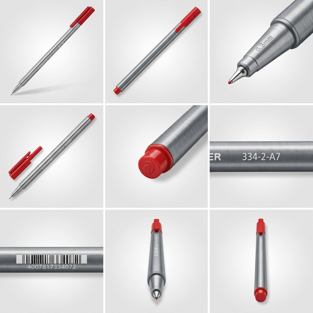 A 3x3 grid displaying nine identical Staedtler Triplus Red fineliner pens (MPN: 334-2-A7), showing the accurate hexagonal shape from multiple angles.