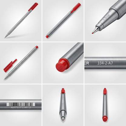 A 3x3 grid displaying nine identical Staedtler Triplus Red fineliner pens (MPN: 334-2-A7), showing the accurate hexagonal shape from multiple angles.