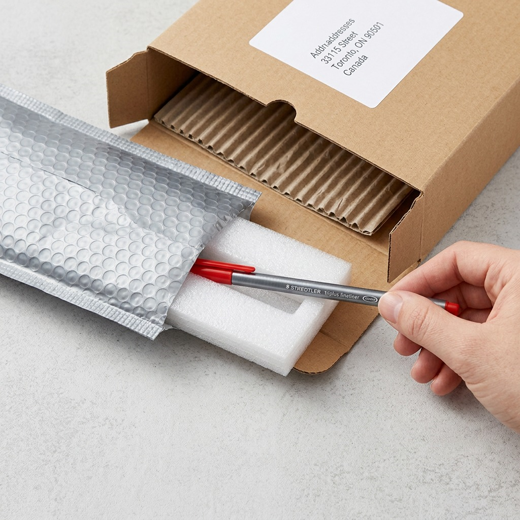A retail carton opens, revealing a padded mailer and the Staedtler Triplus fineliner, safely packaged for shipping.