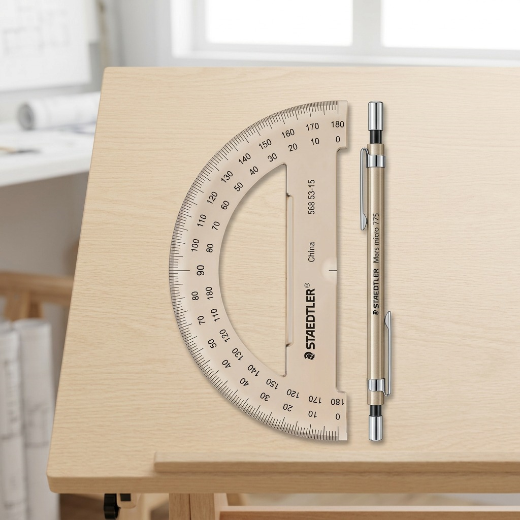 A scale reference image shows a STAEDTLER Mars College protractor, exactly like the one in its 6" (15.2 cm) packaging, resting on an architect's desk next to a standard mechanical pencil.