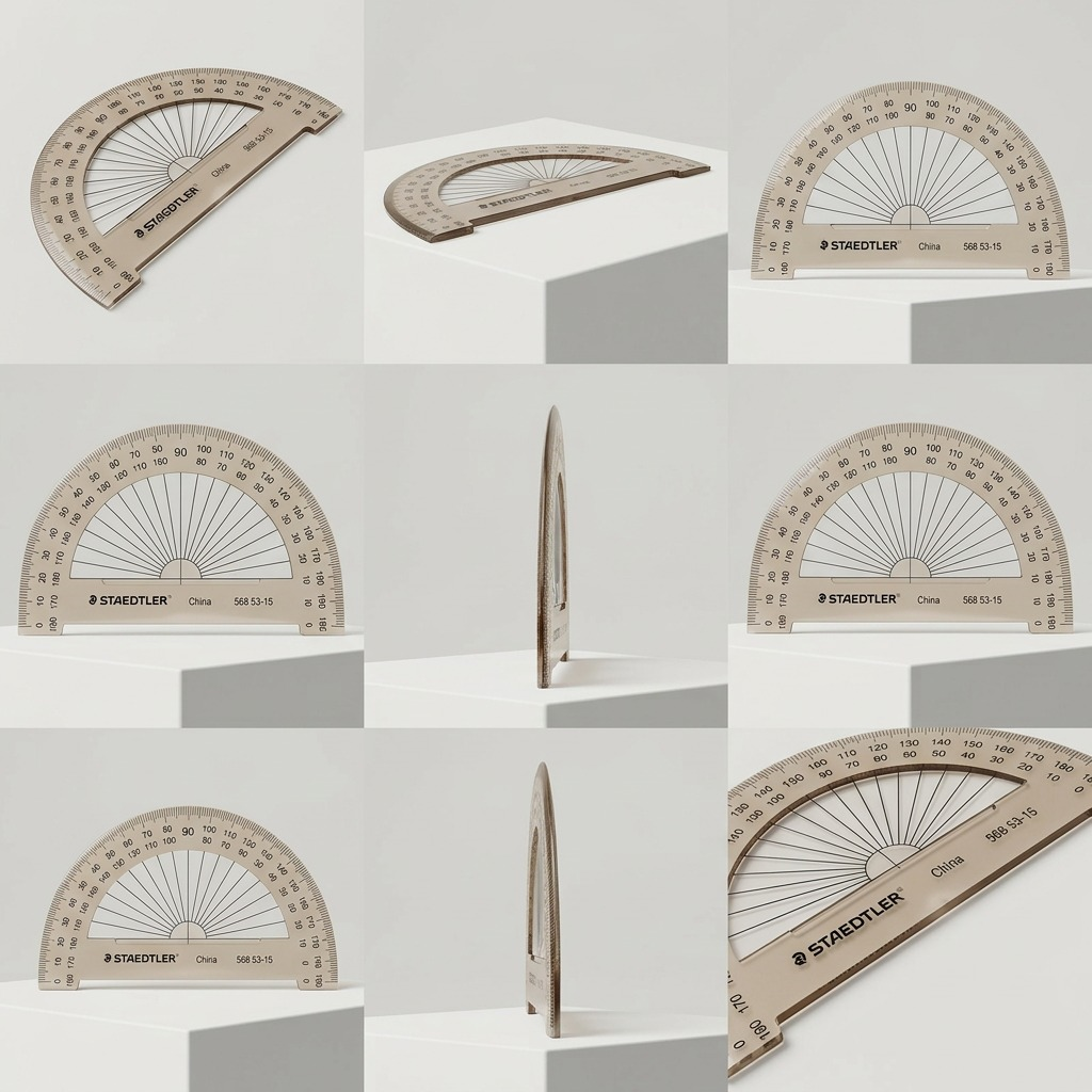 ~ A six-cell product matrix showcasing the STAEDTLER Mars 6-inch protractor (56852-15BK02) from angles: top/bottom, angled, front/back full view.