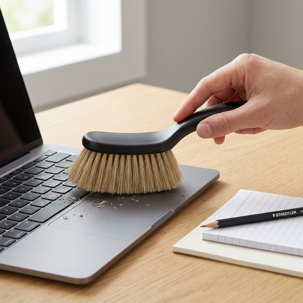 Lifestyle image showing the STAEDTLER mini dusting brush being used to clean a clean keyboard.