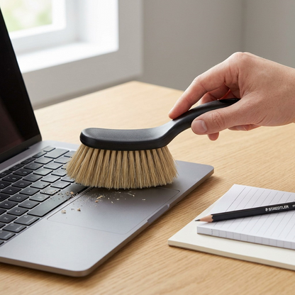 Lifestyle image showing the STAEDTLER mini dusting brush being used to clean a clean keyboard.