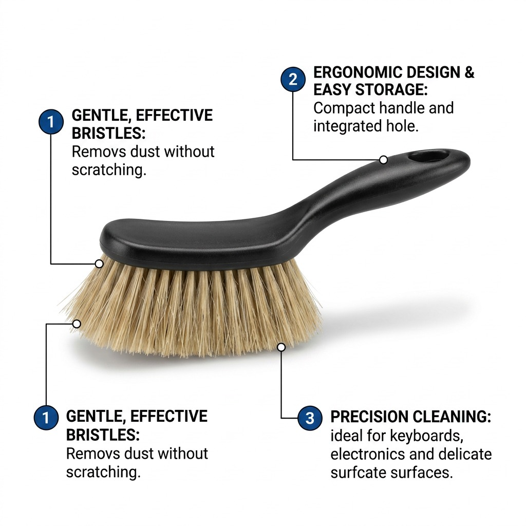 A PDP feature infographic for the STAEDTLER Dusting brush mini BK 3T (989-01BK-03) showcasing its key features with visual pointers. Text indicates 'SOFT BEAVER HAIR BRISTLES' for gentle cleaning, while pointing to the thick bristles. It also highlights the 'COMPACT MINI SIZE' and 'HANGING HOLE IN HANDLE' with clean lines, grounding all features in the factual product design. The aesthetic is clean and ecommerce-oriented.