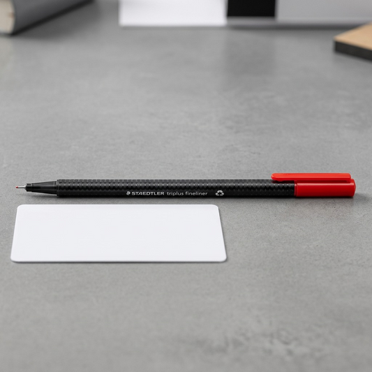 The STAEDTLER triplus fineliner is shown to scale next to a standard blank ID card.