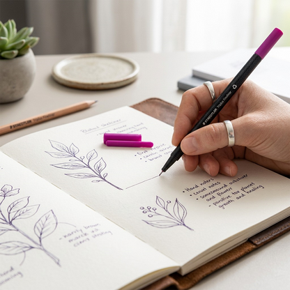 A detailed line-art sketch and handwritten notes on paper using the Staedtler Triplus Fineliner (MPN: 334-61-A7, UPC: 4007817334362) with its precise 0.3mm cap-off violet ink tip.