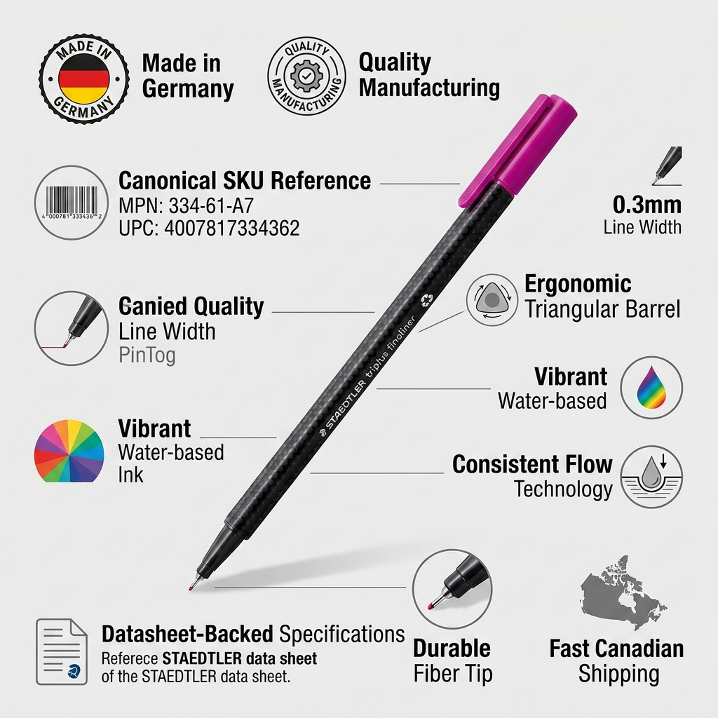 Trust-building infographic for STAEDTLER fineliner showing German craftsmanship and shipping info.