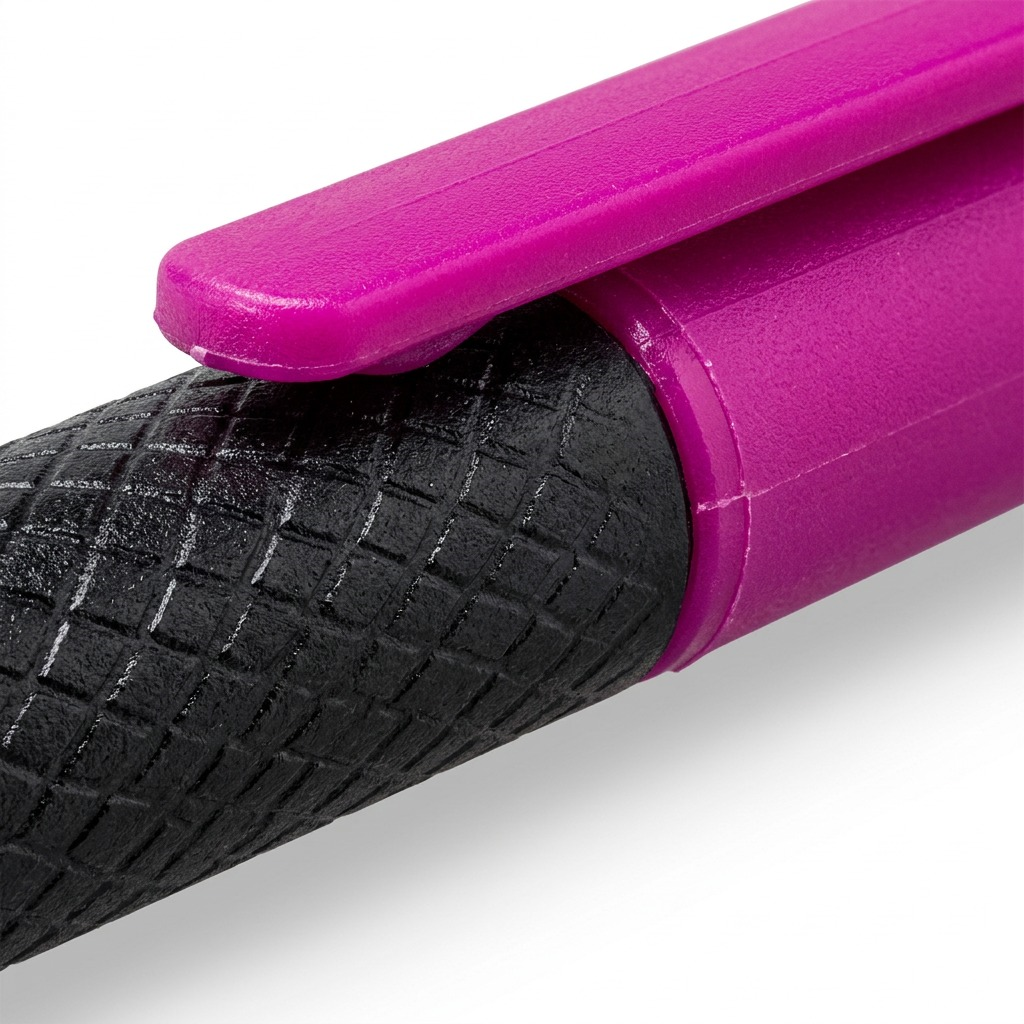 Macro photo of the STAEDTLER pen, focusing tightly on the textured barrel, printed text, and fuchsia-colored cap.