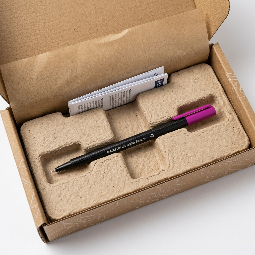 STAEDTLER purple fineliner shown in protective corrugated and molded pulp shipping packaging for unboxing.
