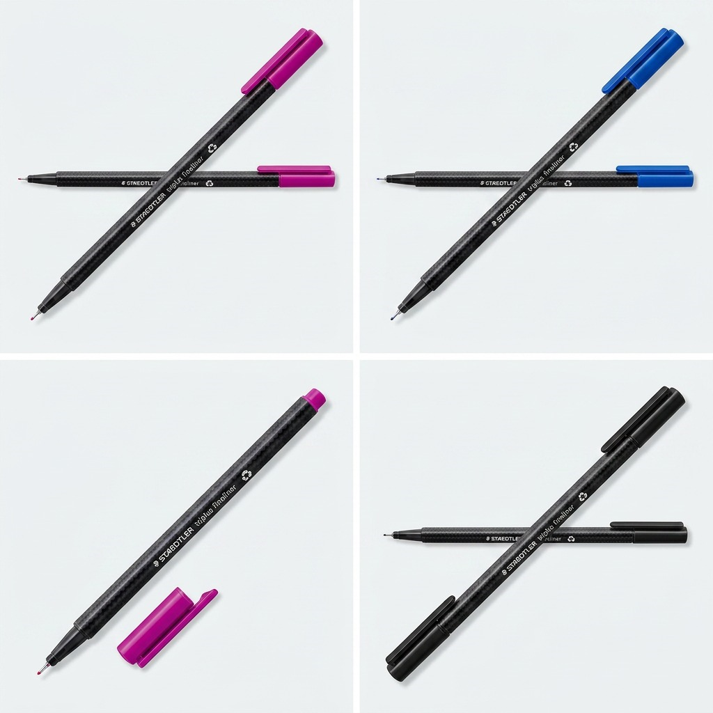 4x4 grid of STAEDTLER triplus fineliners in various cap/ink colors.