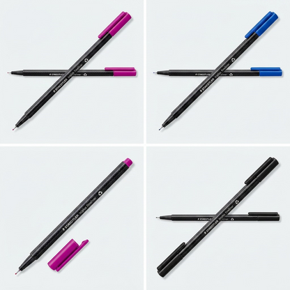 4x4 grid of STAEDTLER triplus fineliners in various cap/ink colors.