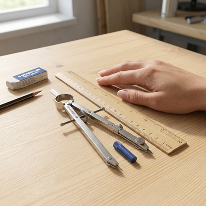 A photo of the 6-inch metal bow compass from image_0.png with a ruler and human hand, showing its size.