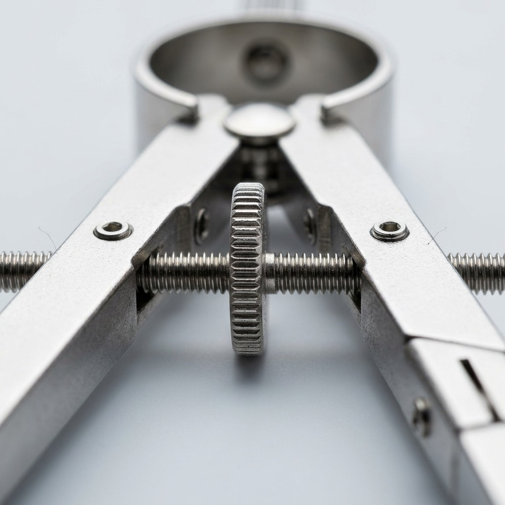 Macro photograph focusing on the detailed metal control knob and threaded central screw on a silver drawing compass.
