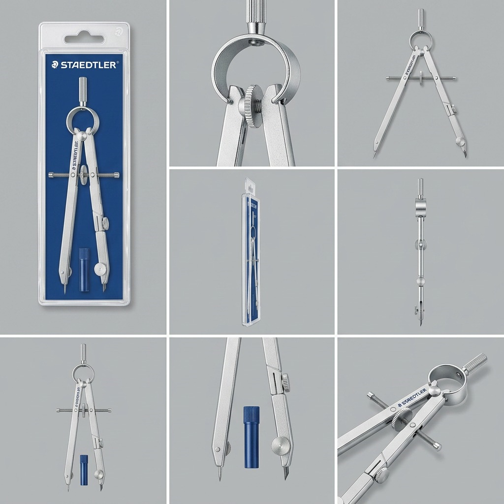 PDP visual matrix showcasing the STAEDTLER bow compass from five different angles for feature details.