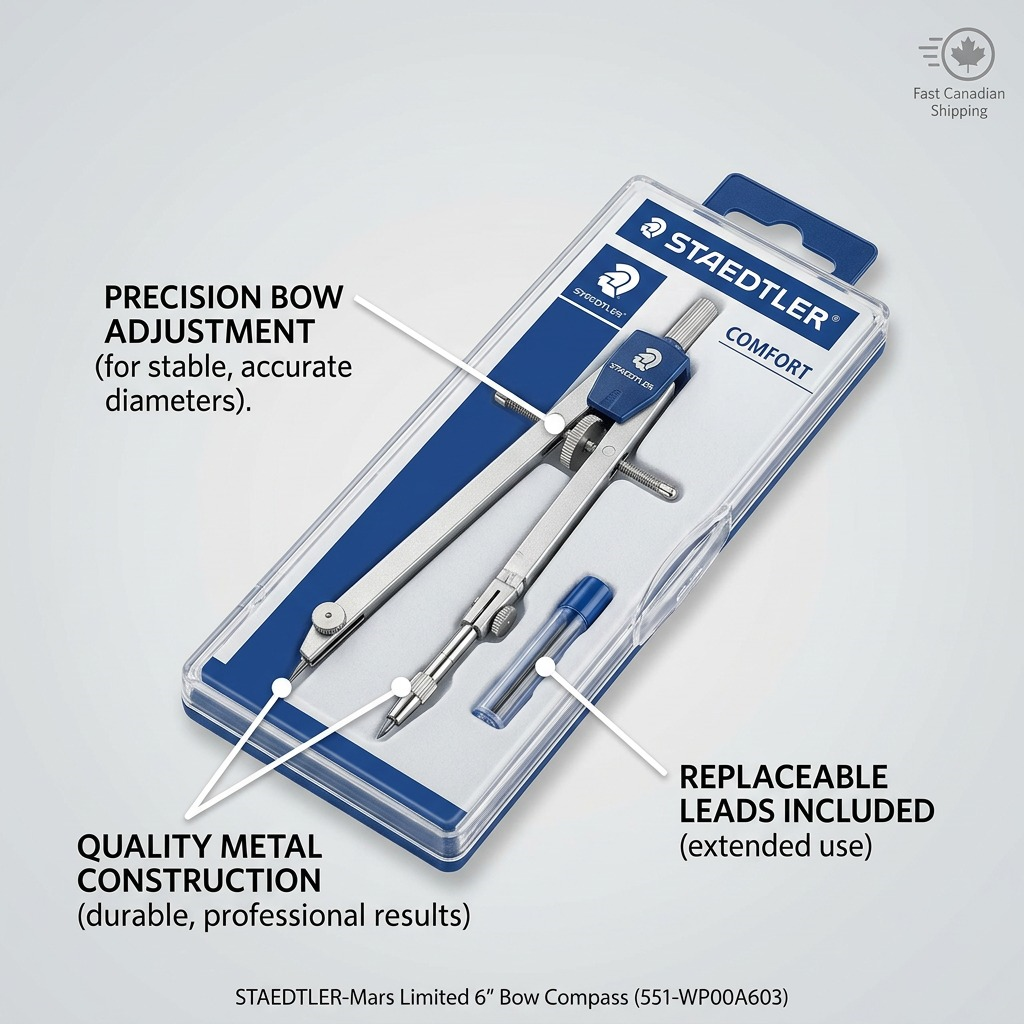 STAEDTLER 6" Bow Compass operational features callout showing precision adjustment, quality metal construction, and replaceable leads included.
