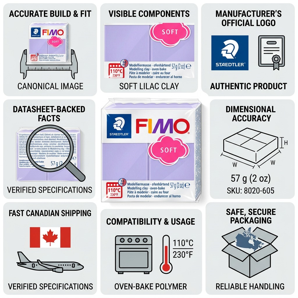 Trust and authority infographic for Fimo Soft Lilac clay with fast Canadian shipping cues.
