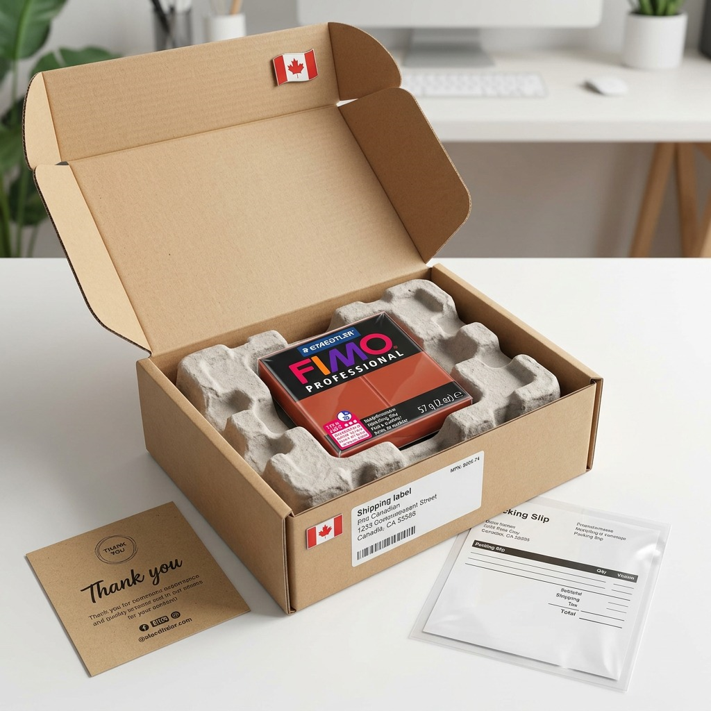 A clean product photo shows the Staedtler FIMO clay pack sitting within protective, recycled honeycomb paper in an open shipping box.