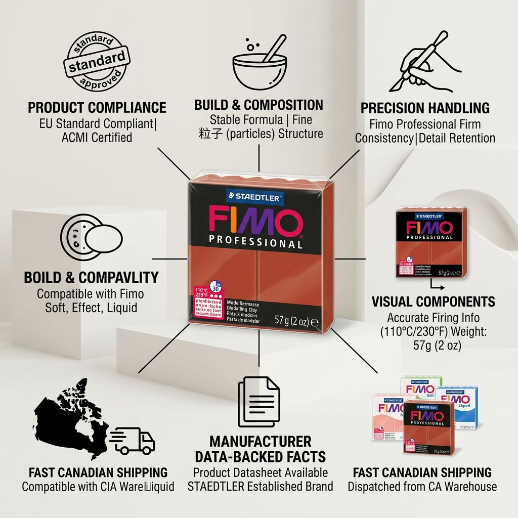 Trust and authority infographic for FIMO Professional modeling clay, highlighting quality standards and usage benefits.