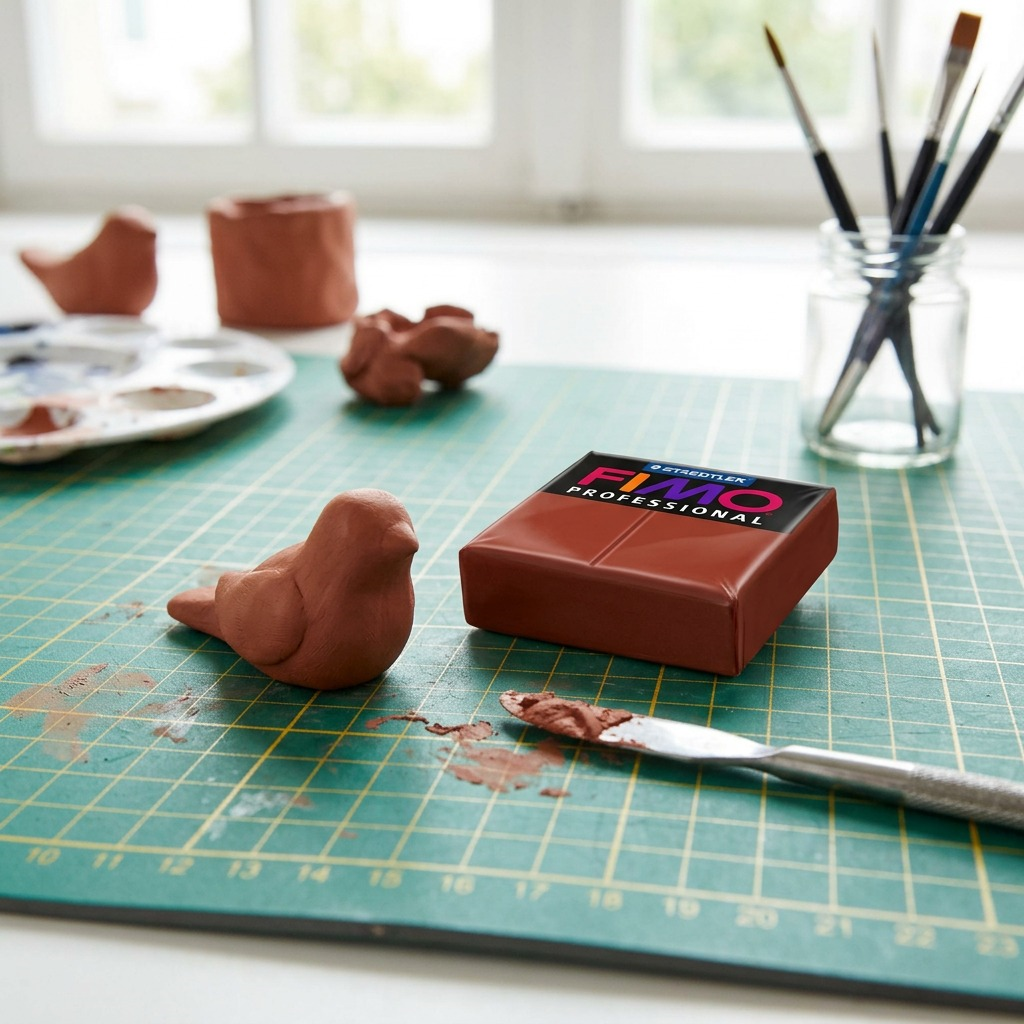 Close-up of STAEDTLER Fimo Professional Terracotta clay block (57g) on a workmat with a small sculpture.