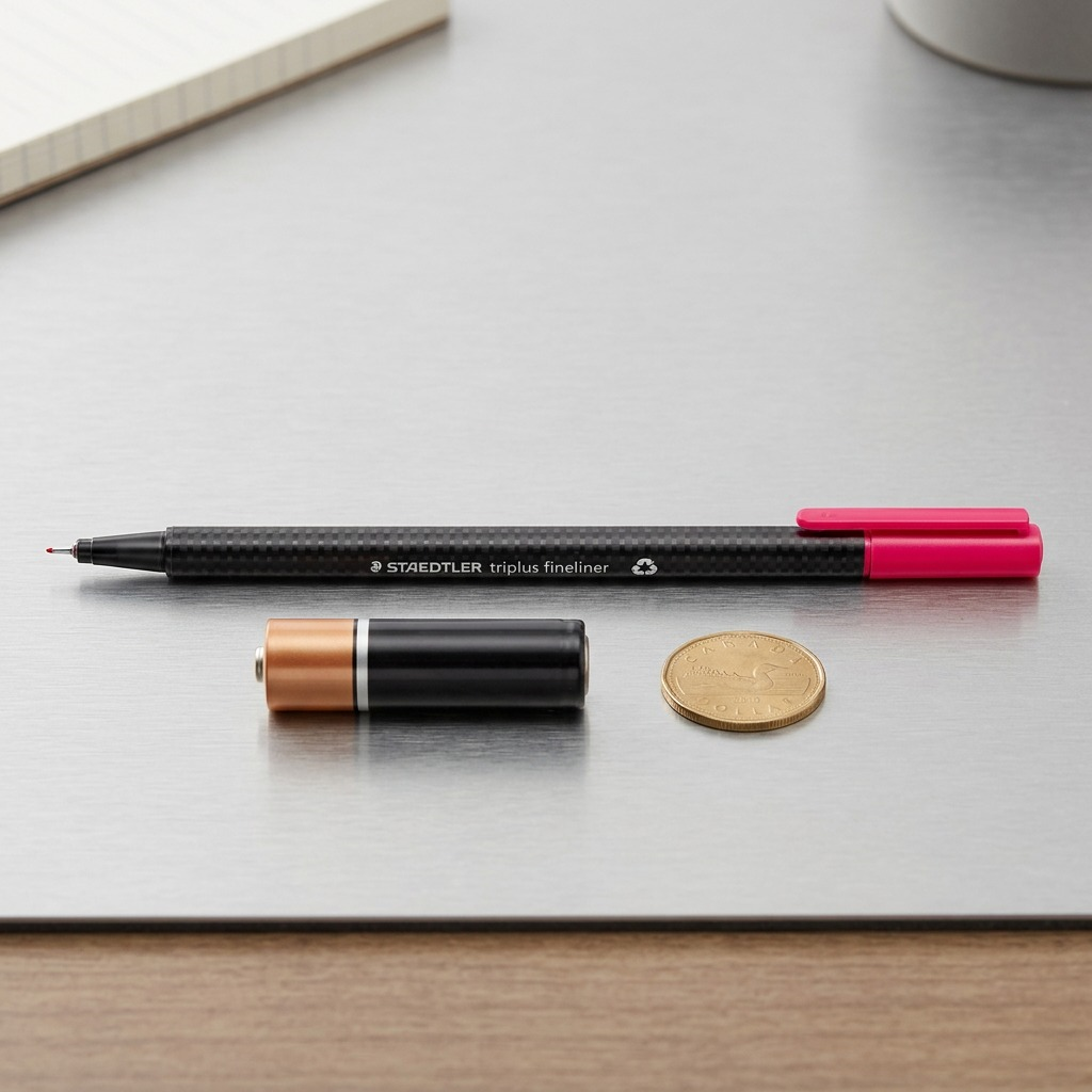 A realistic scale comparison showing the STAEDTLER black carbon fiber and pink fineliner pen from image_0.png positioned next to a standard AA-size battery on a clean desk surface, accurately representing the pen's length.