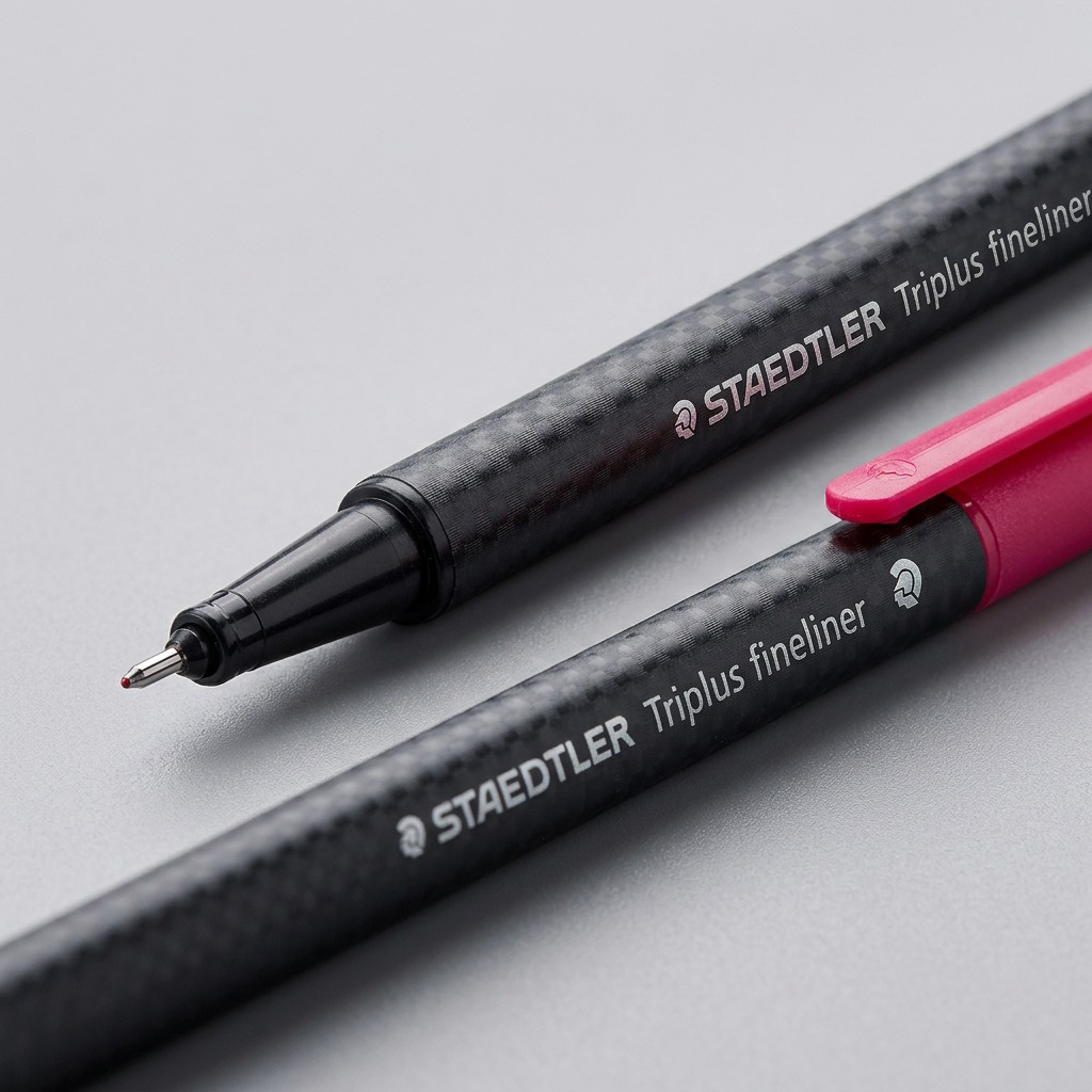 A macro photo of the Staedtler Triplus fineliner tip and the pink cap with its silver logo, showing fine detail.