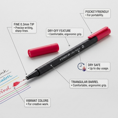 A functional product interface visualization for the STAEDTLER triplus fineliner, showcasing its operational features with factual callout labels and an elegant, precise view of the pen in use.