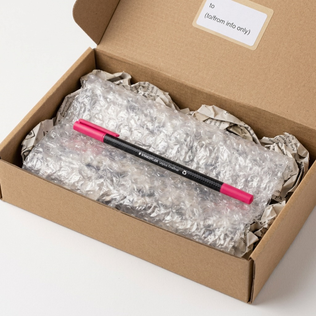 Unboxing a STAEDTLER 334-23-A7: pen in its neutral, protective shipping box with bubble wrap.