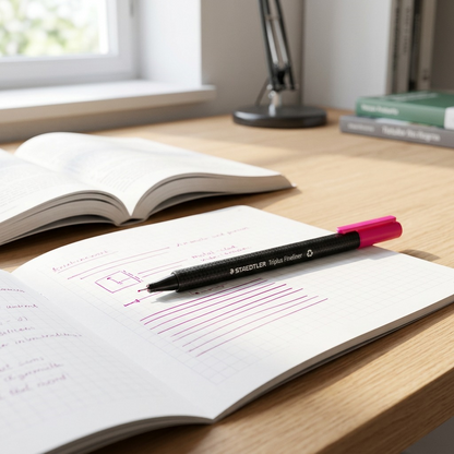 STAEDTLER Triplus 334-23 magenta fineliner used for precise note-taking in a textbook.