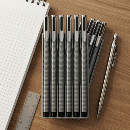 Six-pen set on a wooden desk next to a mechanical pencil for a clear size comparison.