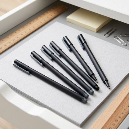 A lifestyle image showing six loose black-bodied STAEDTLER Fineliner Triplus pens stored in a desk drawer next to craft supplies.