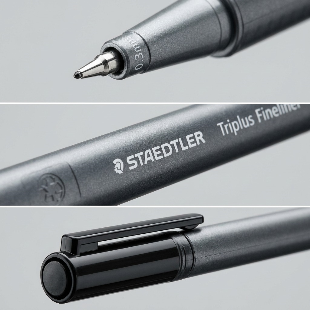Macro close-up matrix of STAEDTLER Triplus Fineliner: metal tip with 0.3mm black ink, triangular matte barrel, cap details.