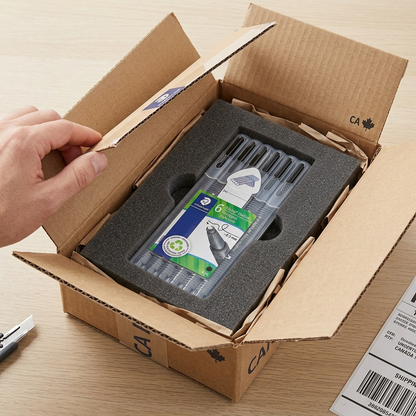 Alt Text: Premium shipping box opens to reveal the Staedtler Triplus fineliner pen set, safe in foam padding.